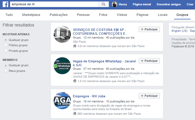 Busca por Grupos no Facebook