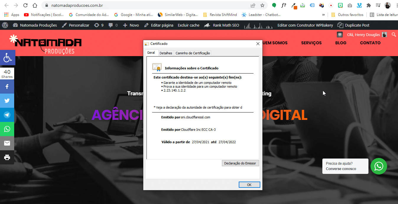 Você pode ver detalhes do certificado SSL no navegador
