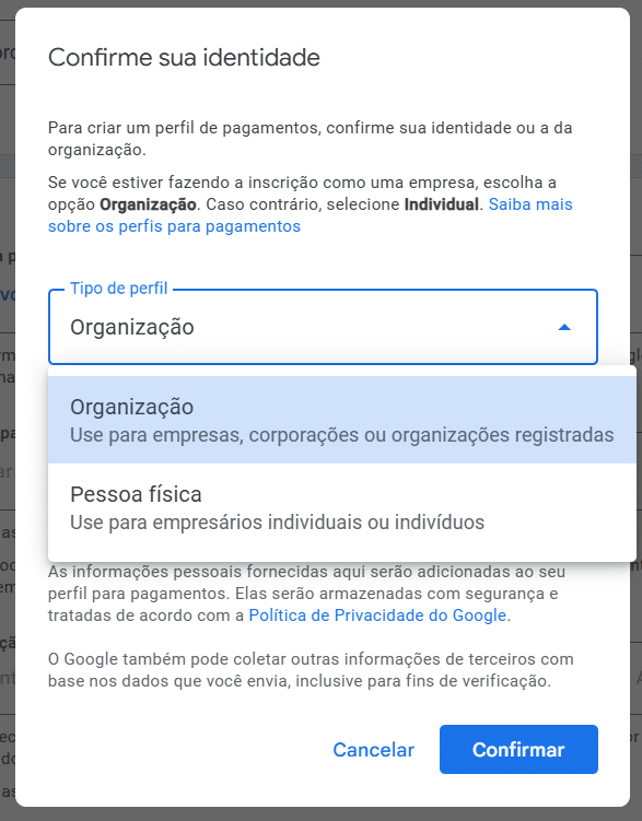 Perfil para pagamentos Google ADS