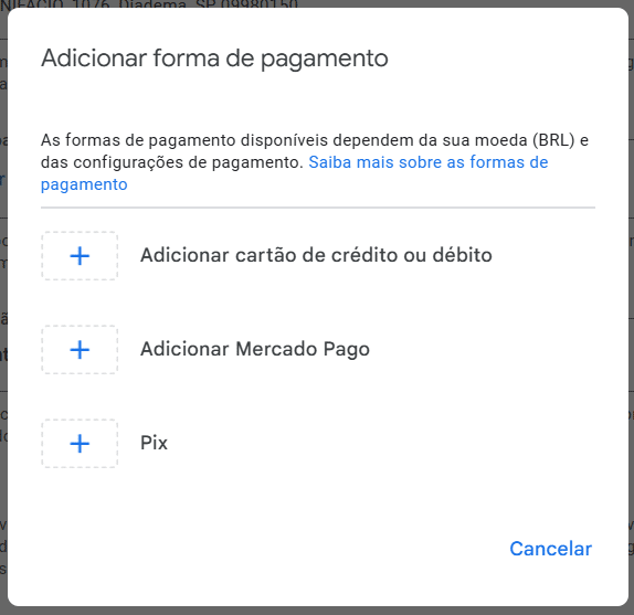 Forma de pagamento Google ADS