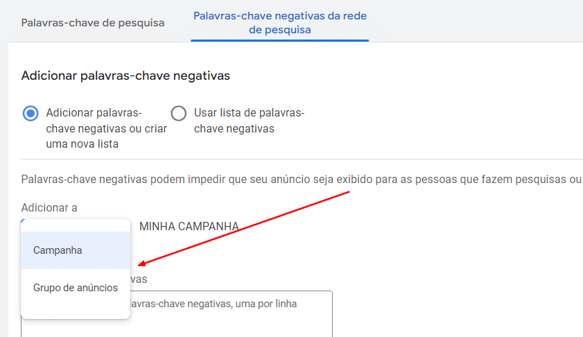 Adicionando Palavras-Chave Negativas Adicionando Palavras-Chave Negativas